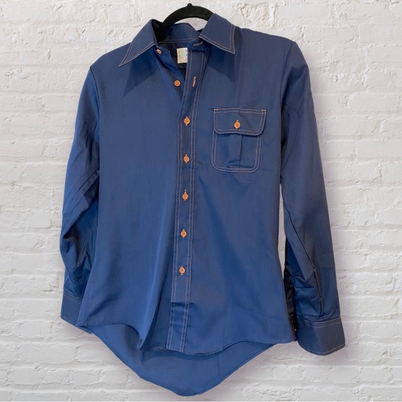 VTG 70s Navy Blue Blouse with Brown Stitching & Buttons - Picture 1 of 7